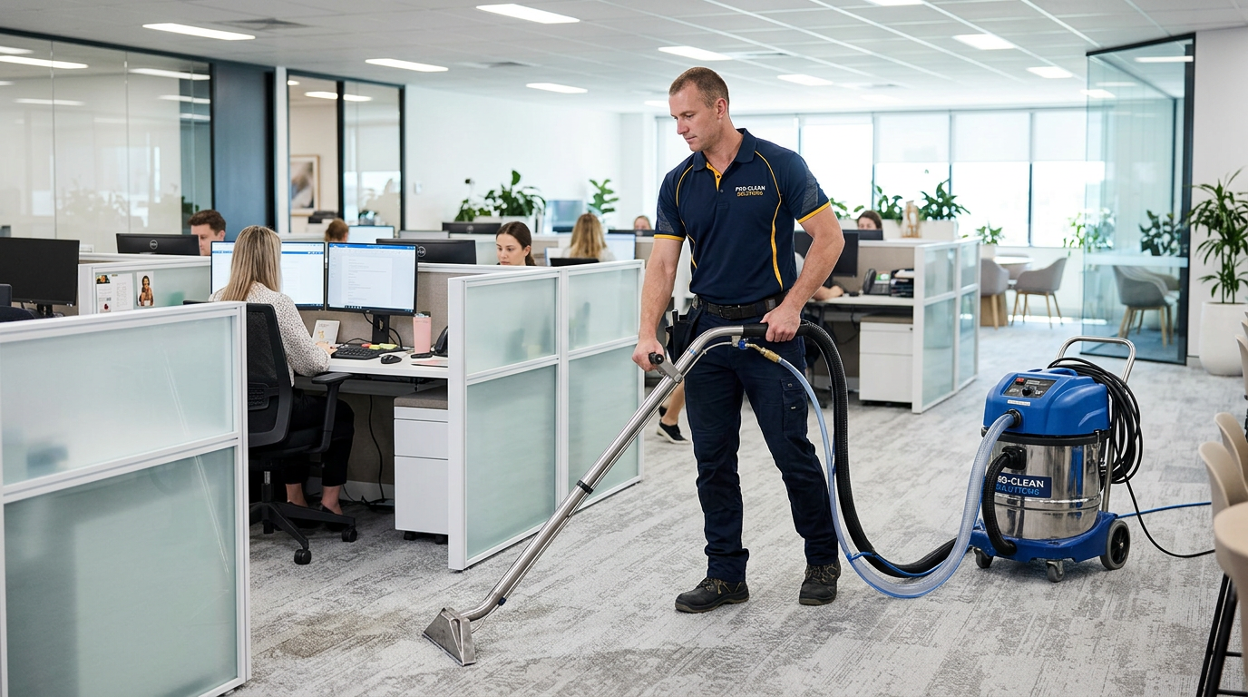Cesar Facility Services technician in navy and gold uniform using a carpet extractor in an office