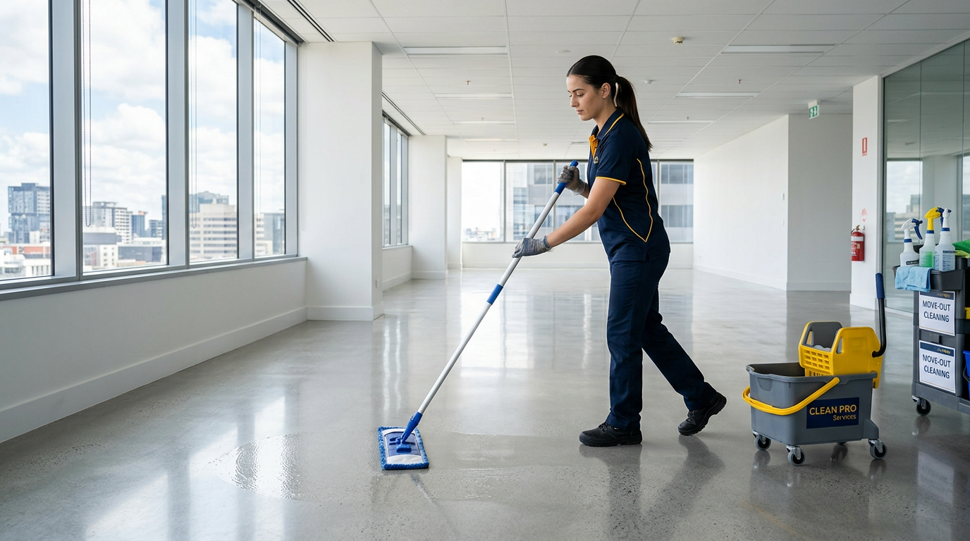 Cesar Facility Services worker in navy and gold uniform deep-cleaning an empty commercial unit