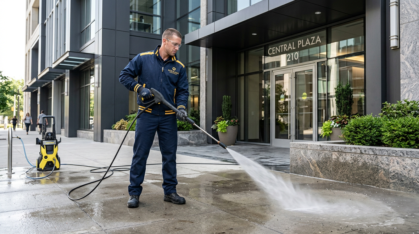 Cesar Facility Services worker in navy and gold uniform pressure washing a commercial building entrance