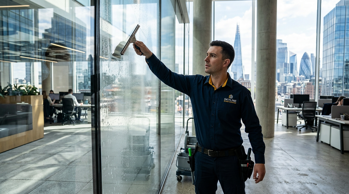 Cesar Facility Services worker in navy and gold uniform cleaning floor-to-ceiling commercial windows